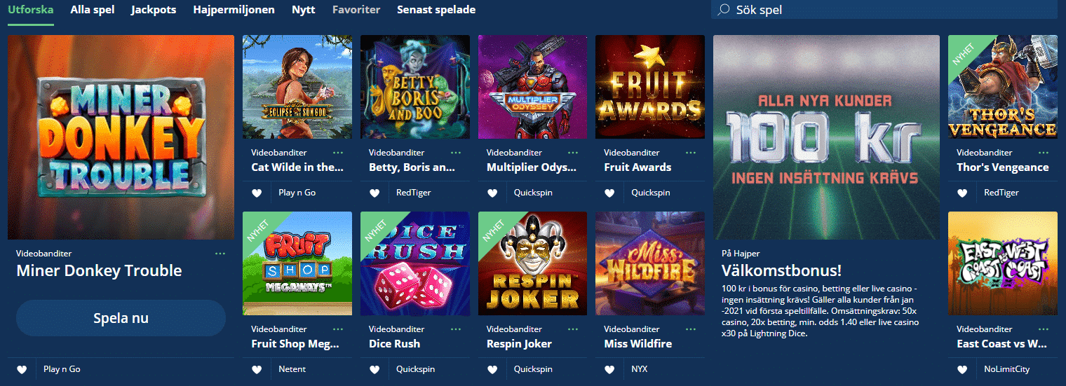 Hajper bonus - kasino och slols